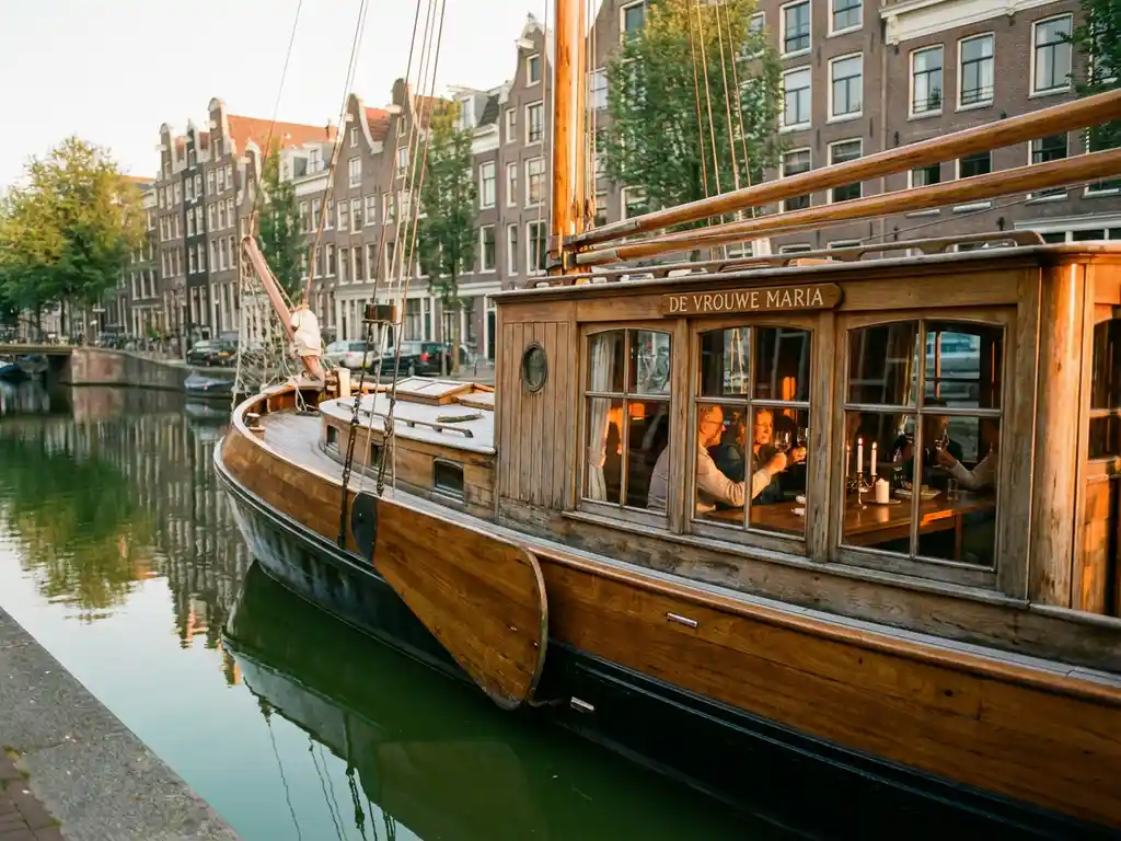 Classic 1910 Dutch salon tjalk cruising an Amsterdam canal at golden hour, guests dining inside glazed windows, historic gabled facades reflected in still water.