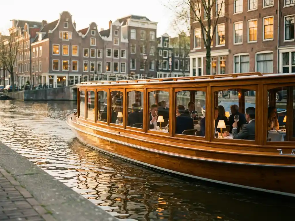 1910 Dutch salon tjalk cruising Amsterdam canals at golden hour, polished iroko hull reflected in calm water, guests dining inside, historic gabled houses lining the banks.