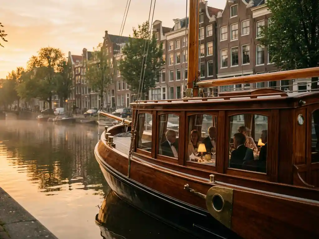 1910 Dutch salon tjalk boat with polished iroko wood hull cruising Amsterdam's canals at golden hour, guests dining inside glazed windows.