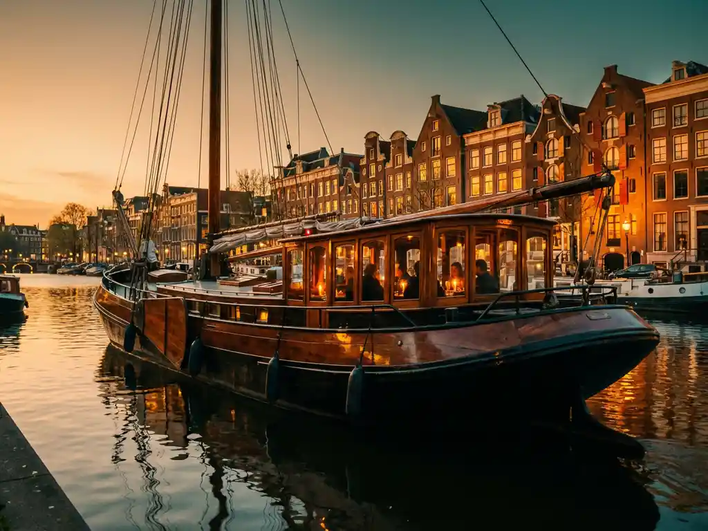 1910 Dutch salon tjalk sailing Amsterdam canal at golden hour, iroko wood hull reflected in still water, candlelit diners visible through glazed windows, historic gabled facades behind.