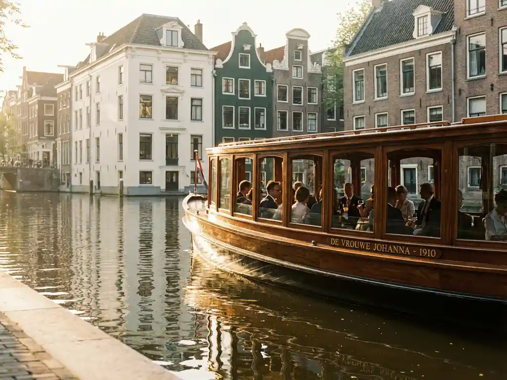 Classic 1910 Dutch salon tjalk with polished iroko wood hull cruising an Amsterdam canal at golden hour, historic gabled facades reflected in rippling water.
