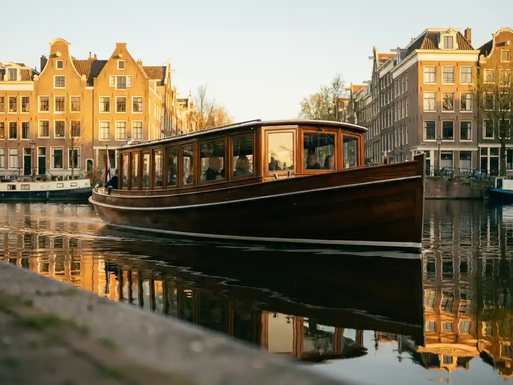 1910 Dutch salon tjalk sailing Amsterdam canal at golden hour, polished iroko hull mirrored in calm water beside historic gabled brick houses.