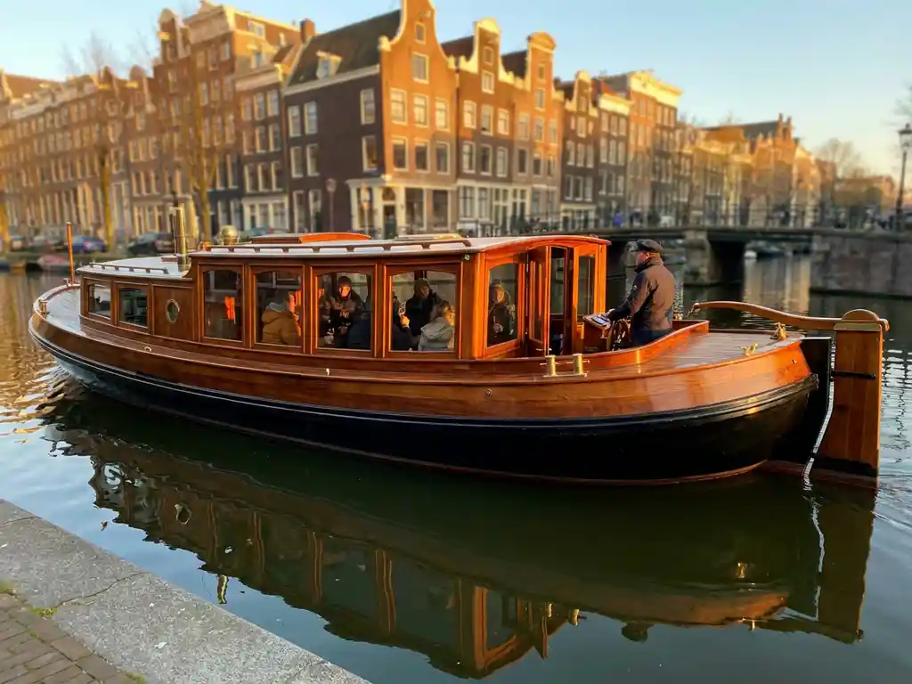 Dutch salon tjalk canal boat with polished iroko hull cruising Amsterdam's waterways at golden hour, historic gabled houses reflected in calm water.