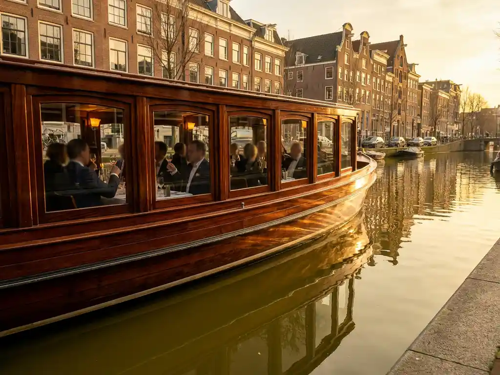 1910 Dutch salon tjalk with polished iroko hull cruising Amsterdam's canals at golden hour, corporate guests dining inside glazed windows.