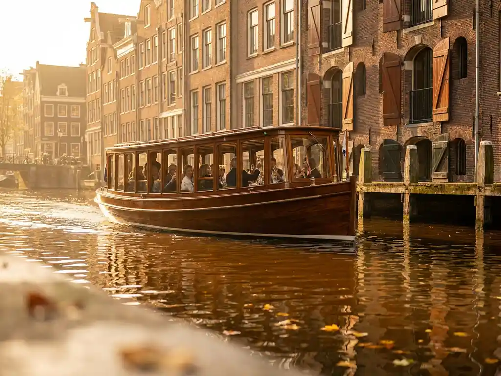 1910 Dutch salon tjalk with polished iroko hull cruising Amsterdam's canals at golden hour, guests dining aboard as gabled facades reflect in amber water.