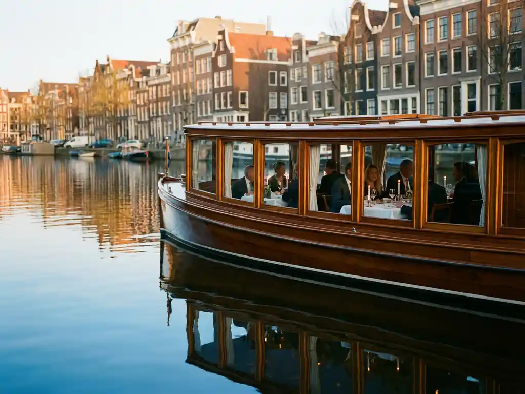 1910 Dutch salon tjalk with polished iroko wood hull cruising Amsterdam's golden-hour canals, guests dining inside glazed windows, historic gabled facades reflected in still water.