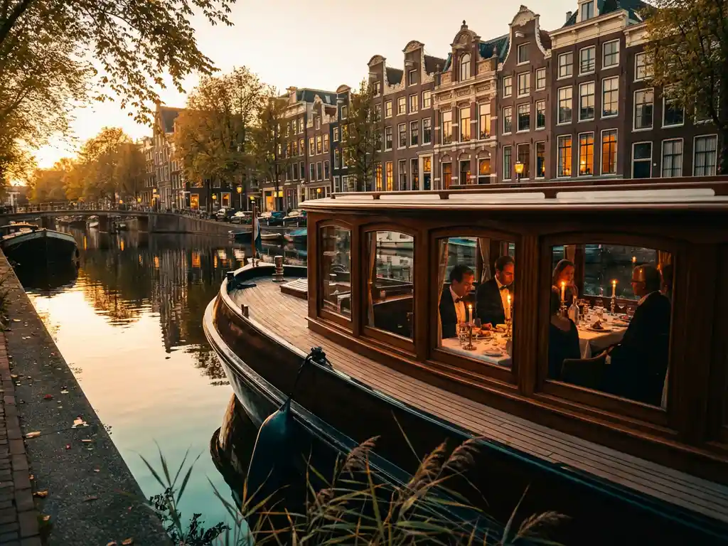 1910 Dutch salon tjalk with polished iroko hull cruising Amsterdam's canals at golden hour, guests dining inside glazed windows, historic gabled facades reflected in still water.
