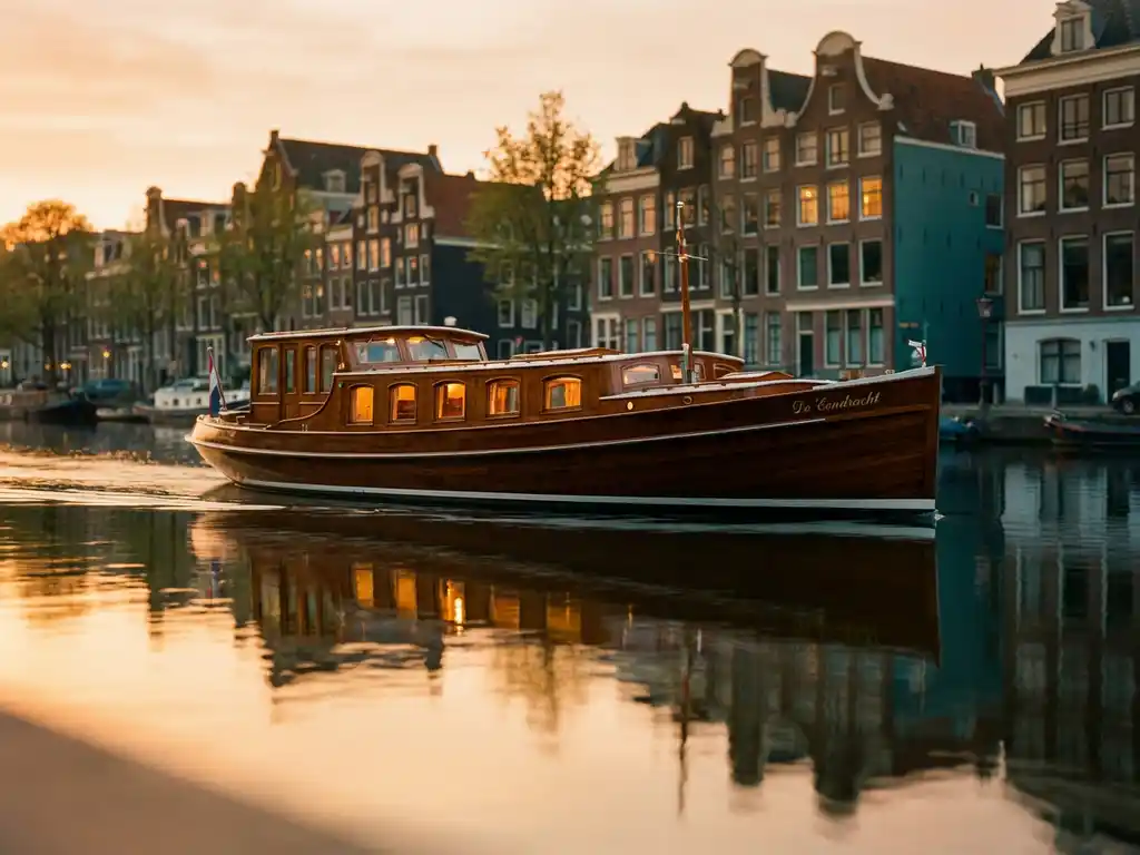 Dutch salon tjalk from 1910 gliding through Amsterdam's canals at golden hour, polished iroko hull reflecting in glassy water beside historic gabled facades.