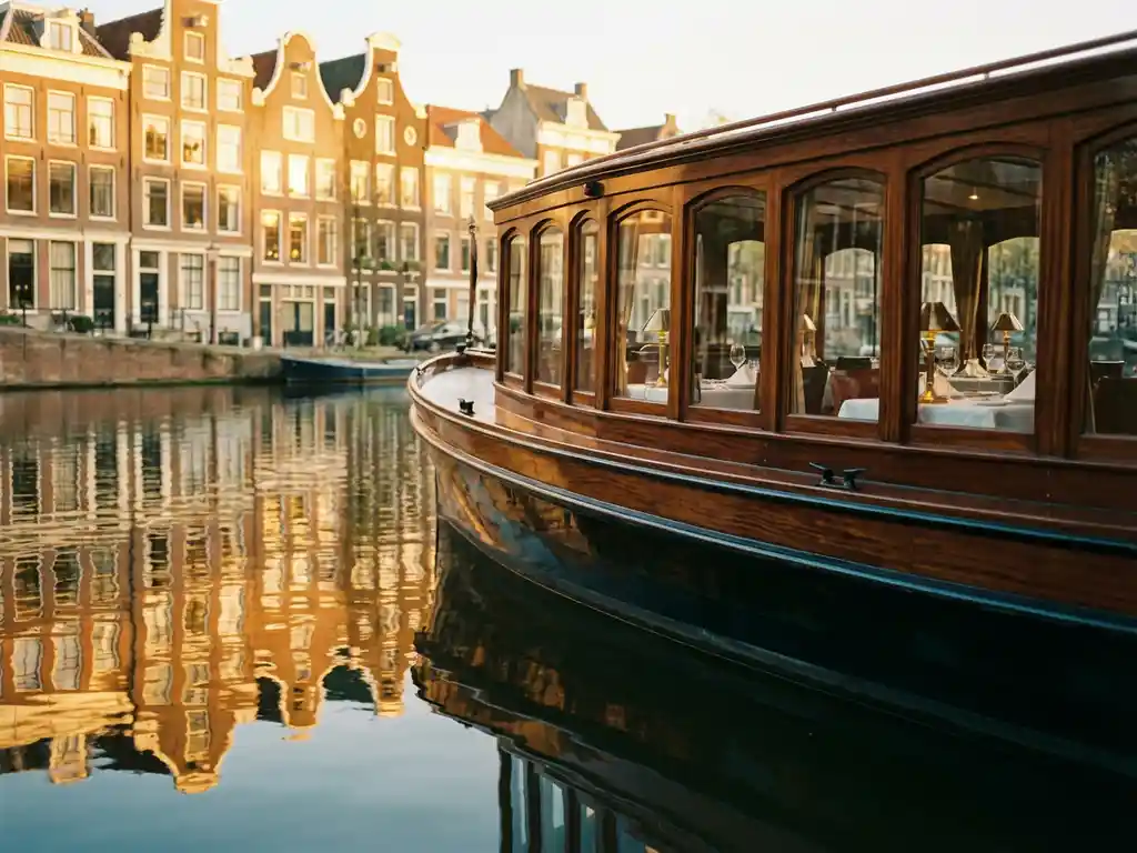 1910 Dutch salon tjalk with polished iroko hull gliding through Amsterdam's golden-hour canals, historic gabled houses reflected in still water.