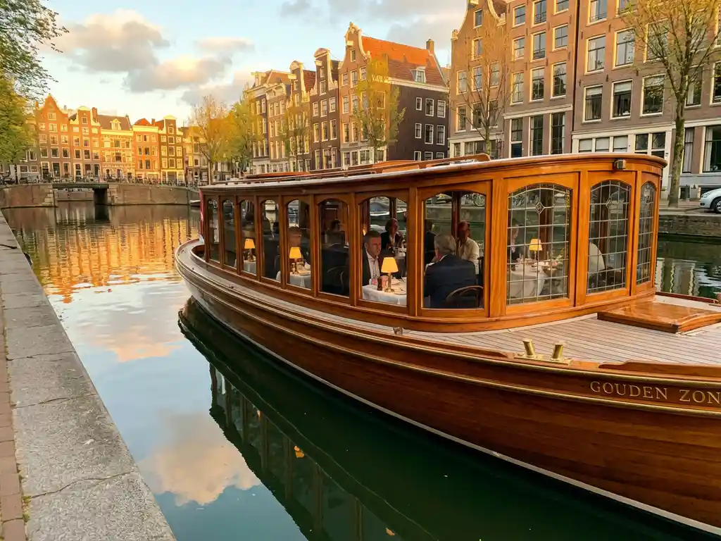 1910 Dutch salon tjalk with polished iroko hull cruising Amsterdam canal at golden hour, guests dining inside glazed windows, historic gabled facades reflected in still water.