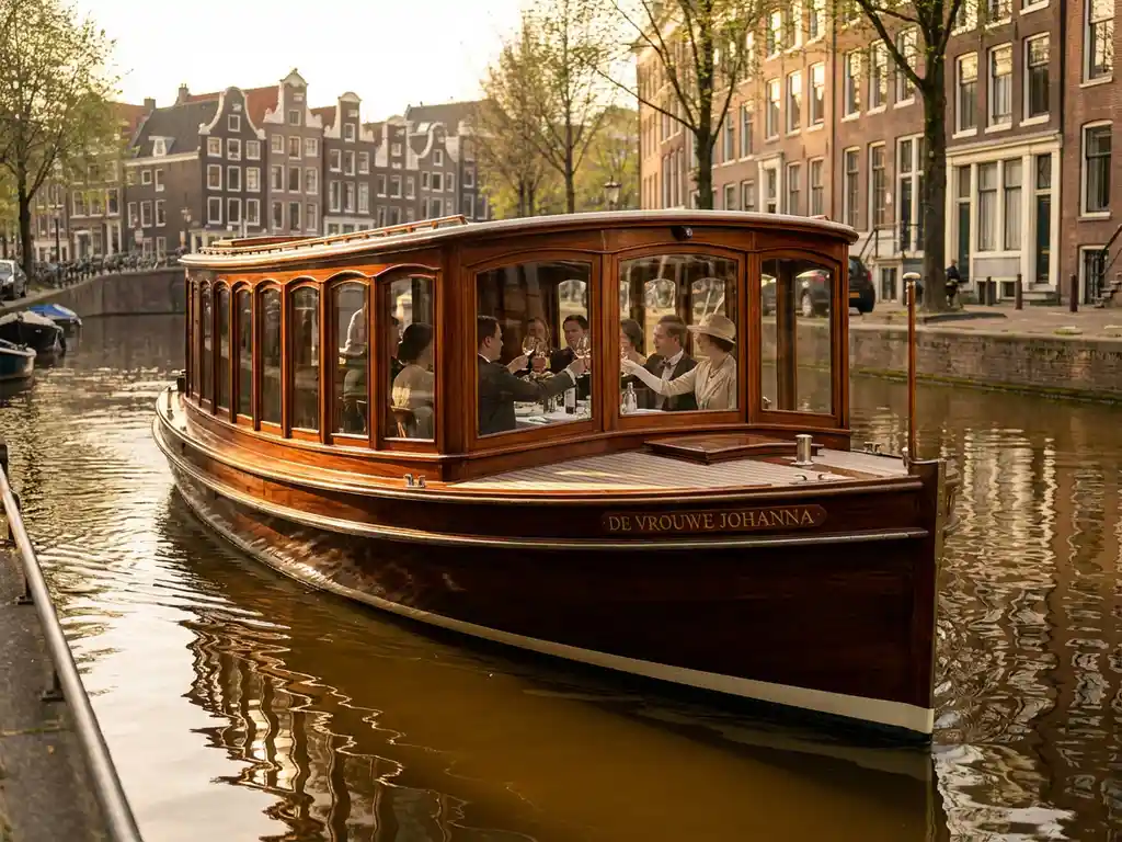 Classic 1910 Dutch salon tjalk with polished iroko hull cruising Amsterdam's canals at golden hour, guests dining inside glazed salon windows.
