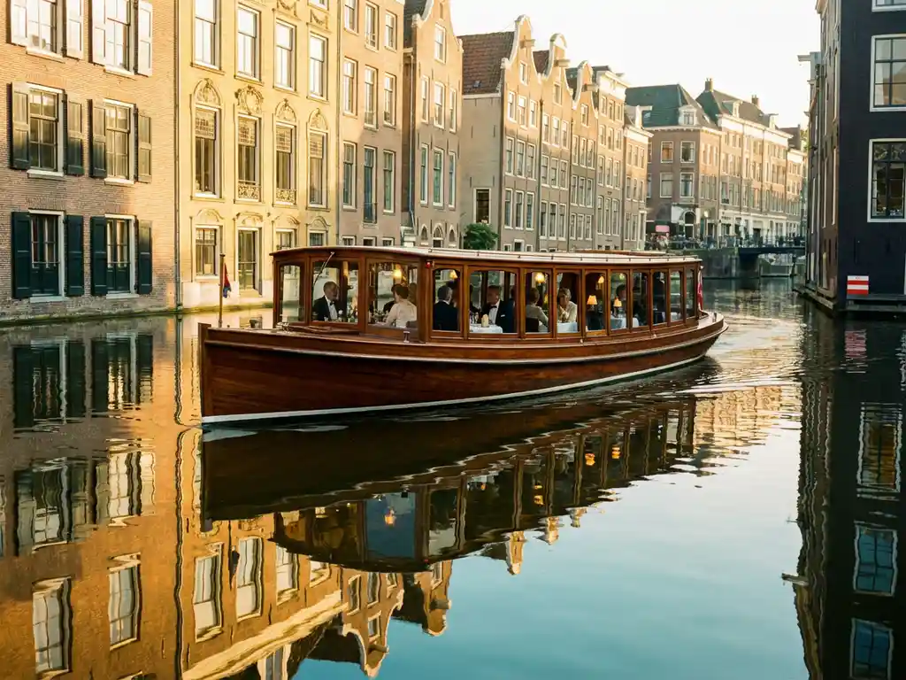 1910 Dutch salon tjalk with polished iroko hull gliding through Amsterdam canals at golden hour, guests dining inside glazed windows.