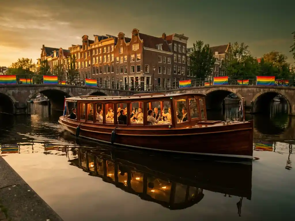 1910 Dutch salon tjalk with polished iroko hull sailing Amsterdam canals at golden hour, guests dining inside, Pride flags on bridges ahead.