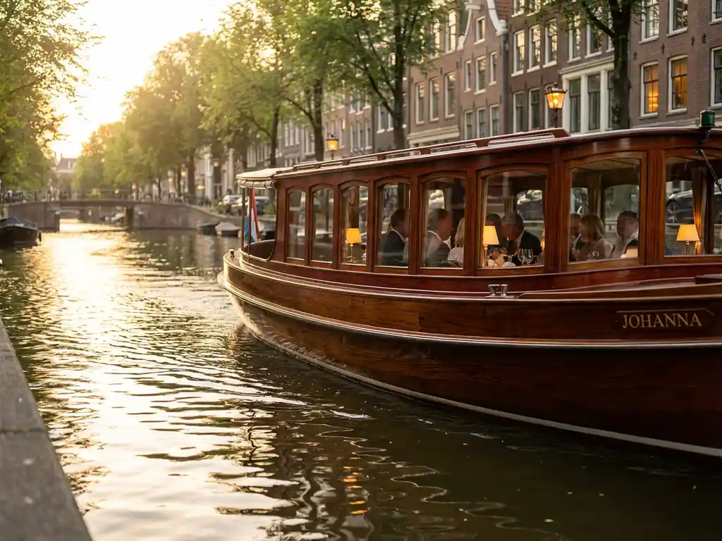 1910 Dutch salon tjalk with polished iroko hull sailing Amsterdam canals at golden hour, guests dining as gabled facades reflect in calm water.