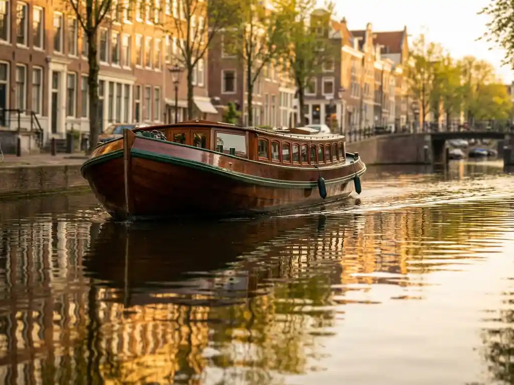 1910 Dutch salon tjalk with polished iroko wood hull gliding through Amsterdam canal at golden hour, historic gabled facades reflected in calm water.