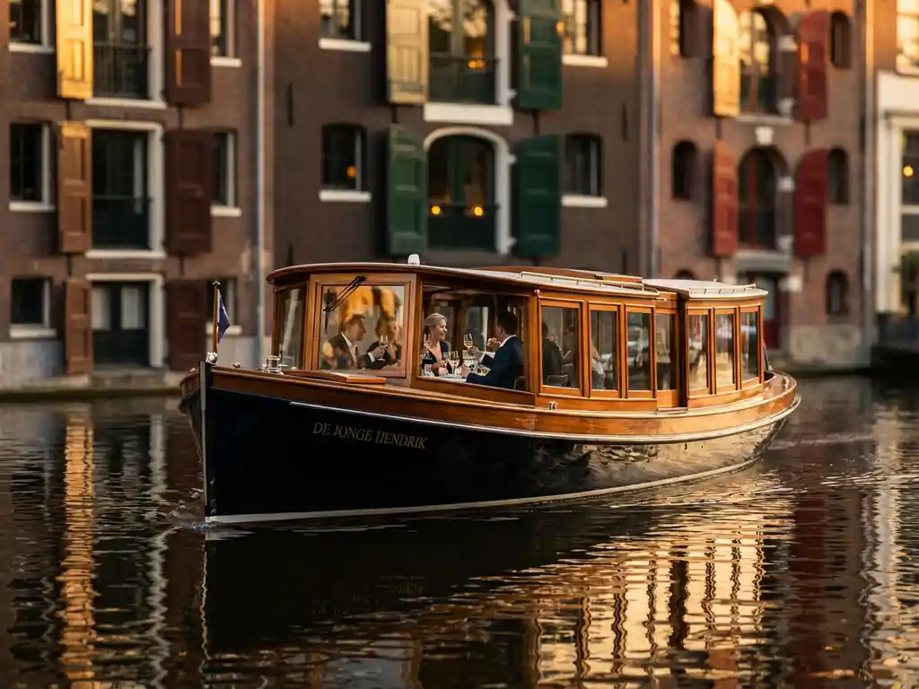 1910 Dutch salon tjalk sailing Amsterdam canals at golden hour, polished iroko hull reflected in still water beside historic gabled houses.