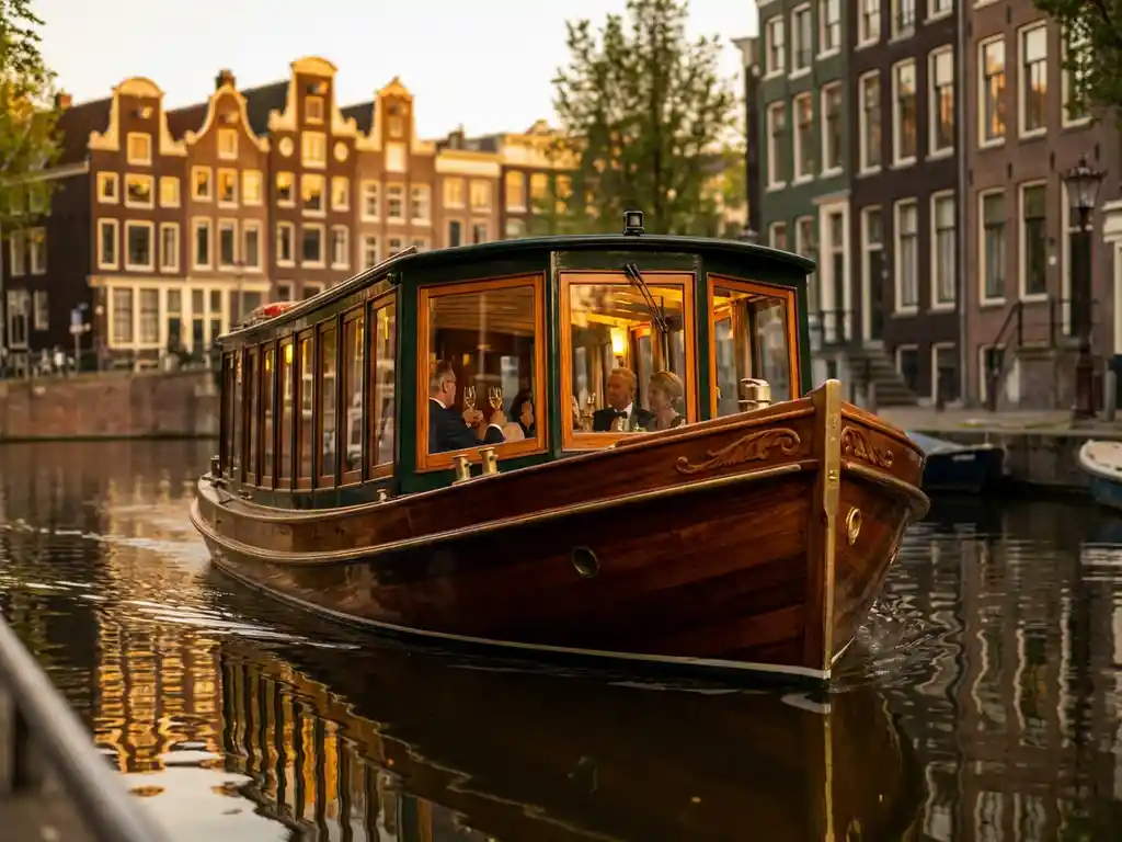 1910 Dutch salon tjalk with polished iroko wood hull gliding through Amsterdam canals at golden hour, historic gabled facades reflected in calm water.