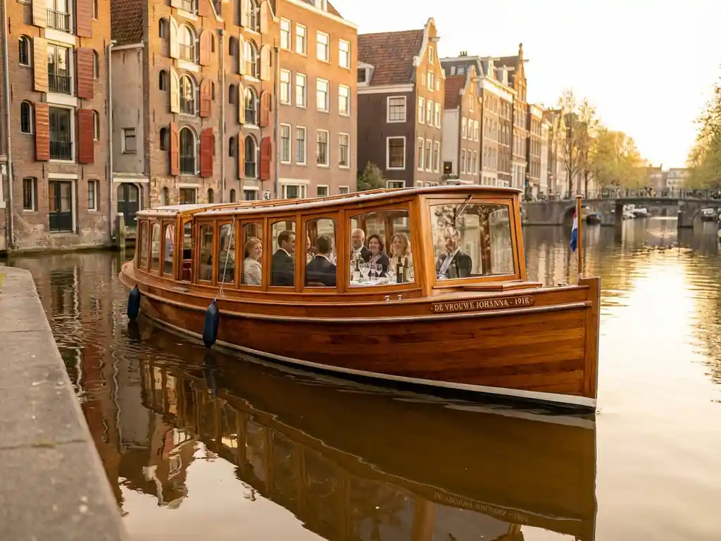 Classic Dutch salon tjalk from 1910 cruising Amsterdam canals at golden hour, polished iroko hull reflected in still water beside historic gabled facades.