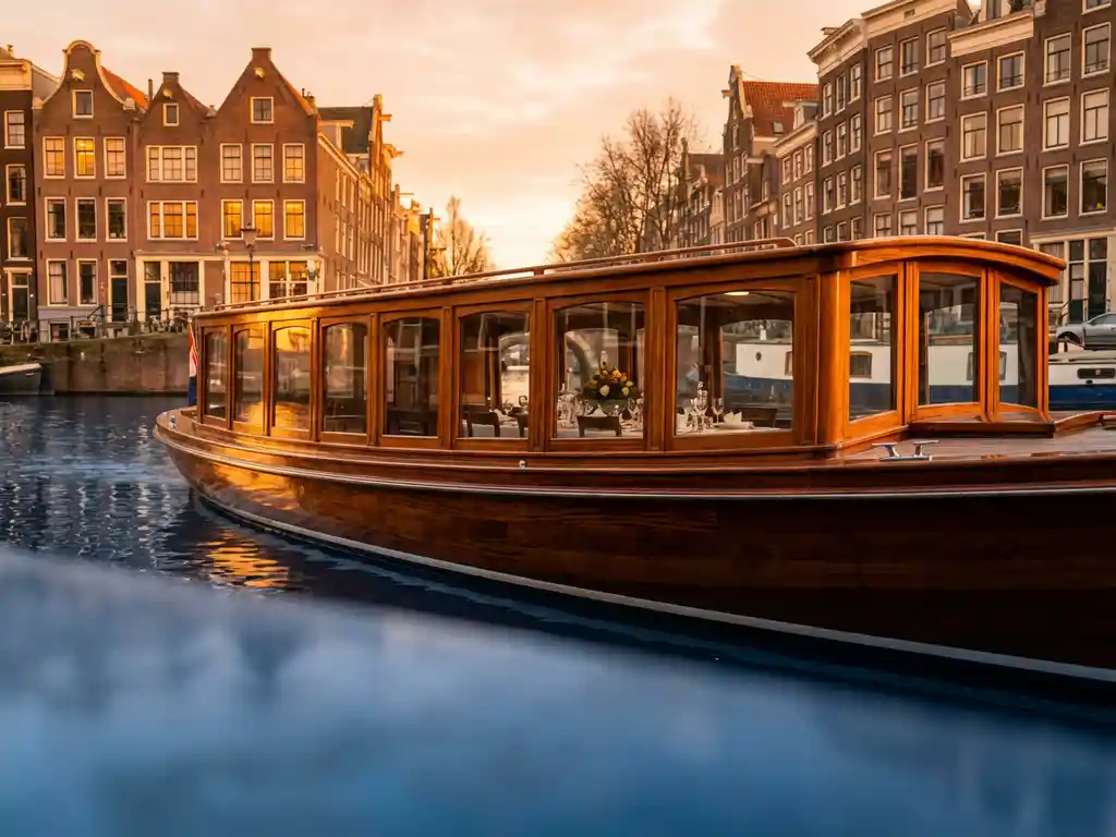 1910 Dutch salon tjalk sailing Amsterdam canals at golden hour, polished iroko wood hull reflected in calm water, historic gabled facades in background.