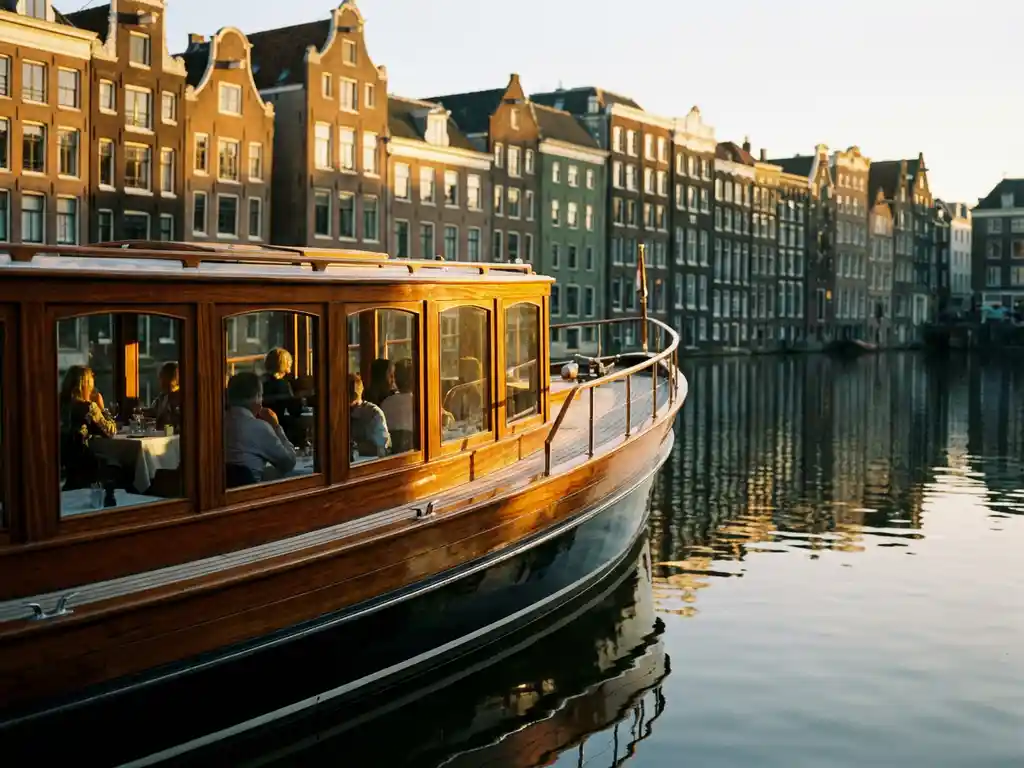 1910 Dutch salon tjalk gliding through Amsterdam canals at golden hour, polished iroko hull reflected in calm water beside historic gabled facades.