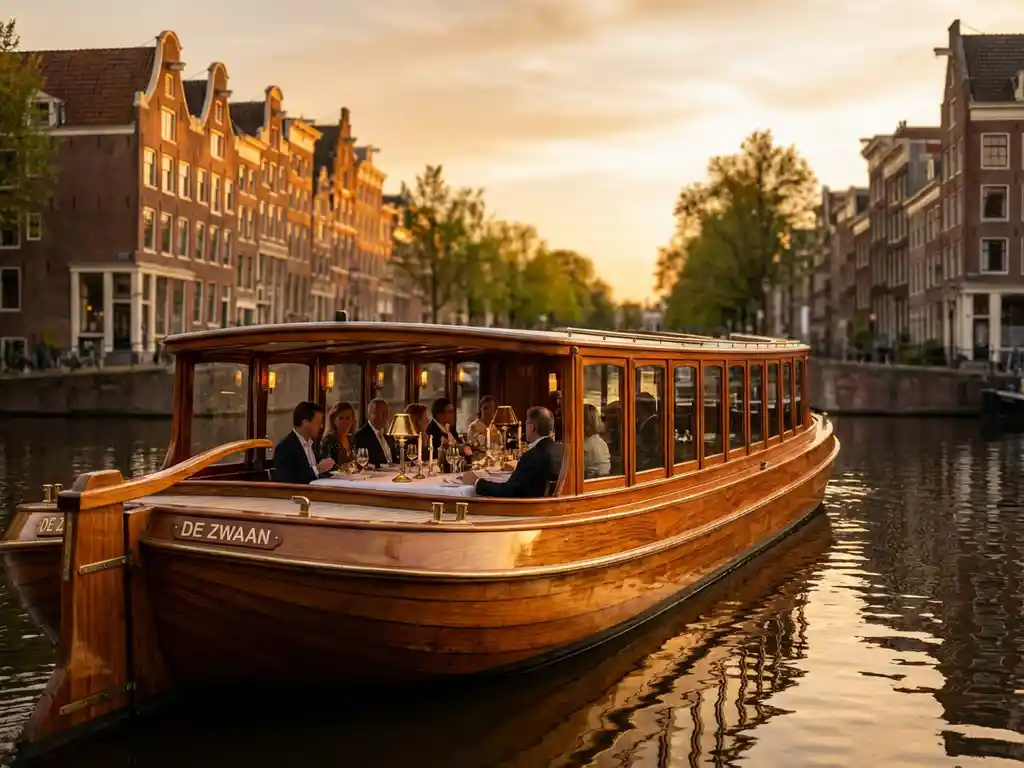 1910 Dutch salon tjalk sailing Amsterdam canals at golden hour, polished iroko hull reflecting in calm water, guests dining by candlelight behind glazed windows.