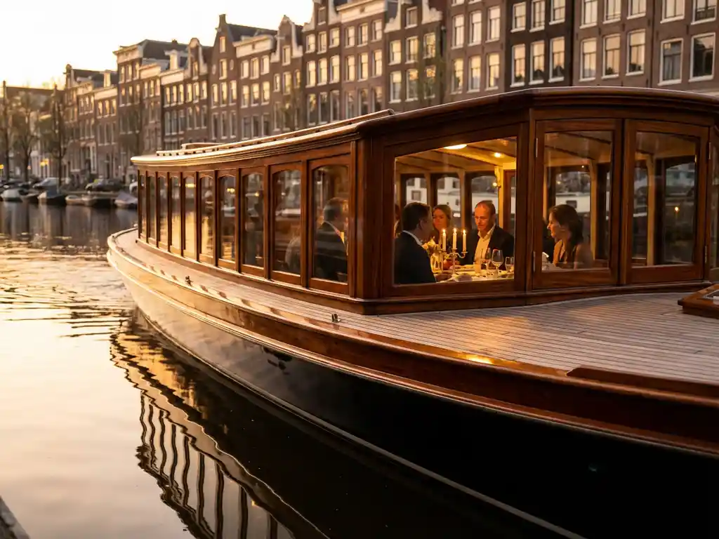 1910 Dutch salon tjalk with polished iroko hull gliding Amsterdam canals at golden hour, guests dining inside glazed windows, historic gabled facades reflected in calm water.