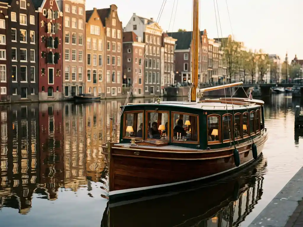 Dutch salon tjalk canal boat gliding through Amsterdam at golden hour, candlelit dining guests visible through glazed windows, historic gabled reflections in calm water.