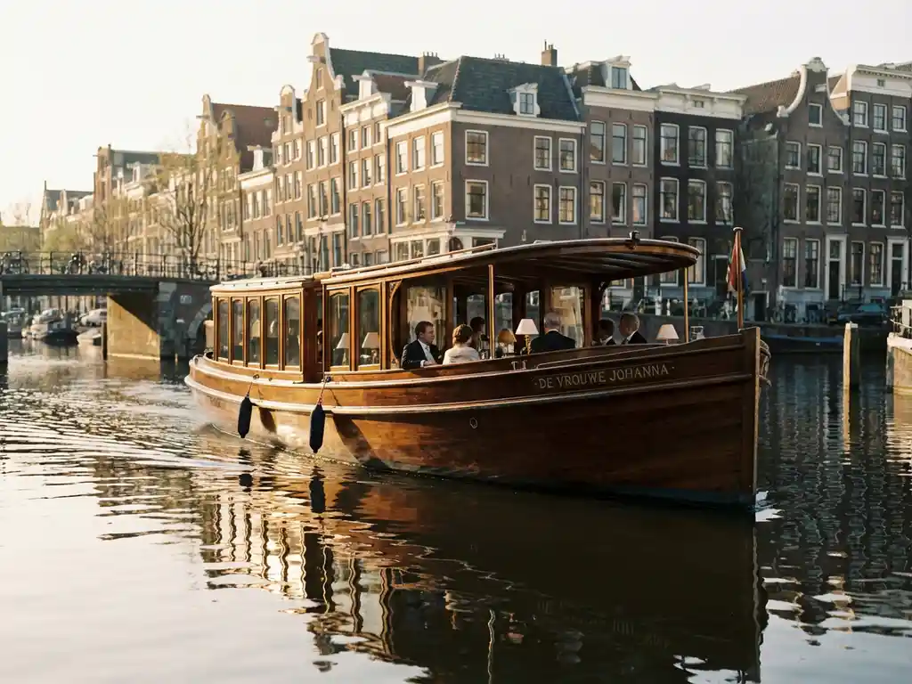 1910 Dutch salon tjalk with polished iroko hull cruising Amsterdam's historic canals at golden hour, guests dining inside glazed salon windows.