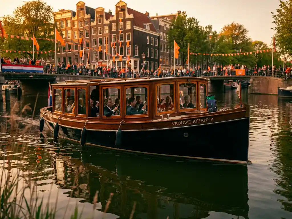 1910 Dutch salon tjalk with polished iroko hull cruising Amsterdam's canal on King's Day, orange flags, gabled reflections, golden afternoon light.