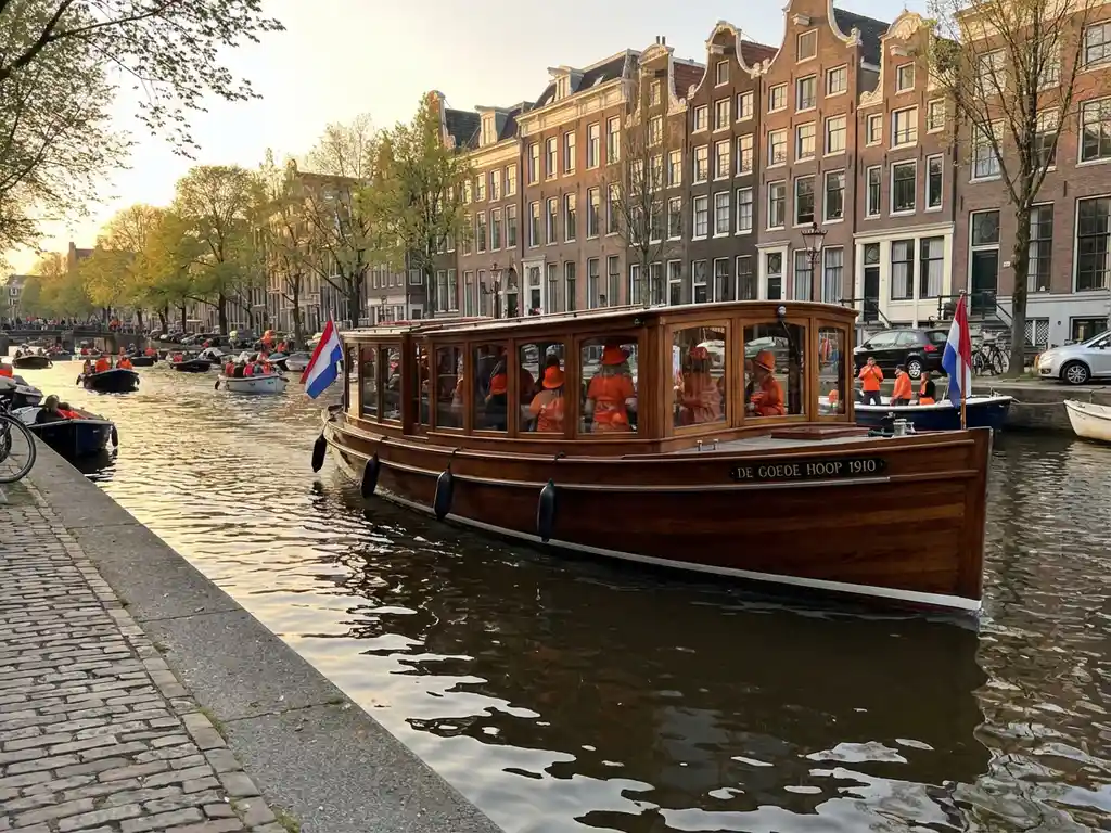 1910 Dutch salon tjalk with polished iroko hull gliding Amsterdam's canals on King's Day, orange-clad guests visible through glazed salon windows.