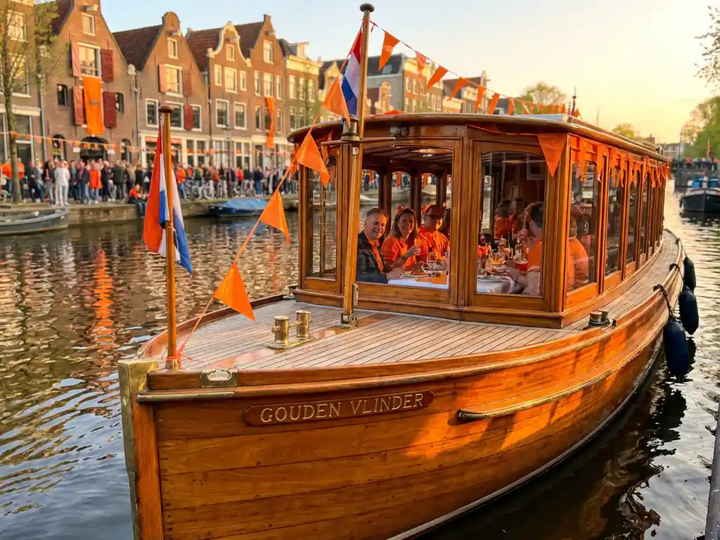 Dutch salon tjalk from 1910 sailing Amsterdam canals on King's Day, orange flags on polished iroko hull, guests dining inside, golden hour light reflecting off historic gabled houses.