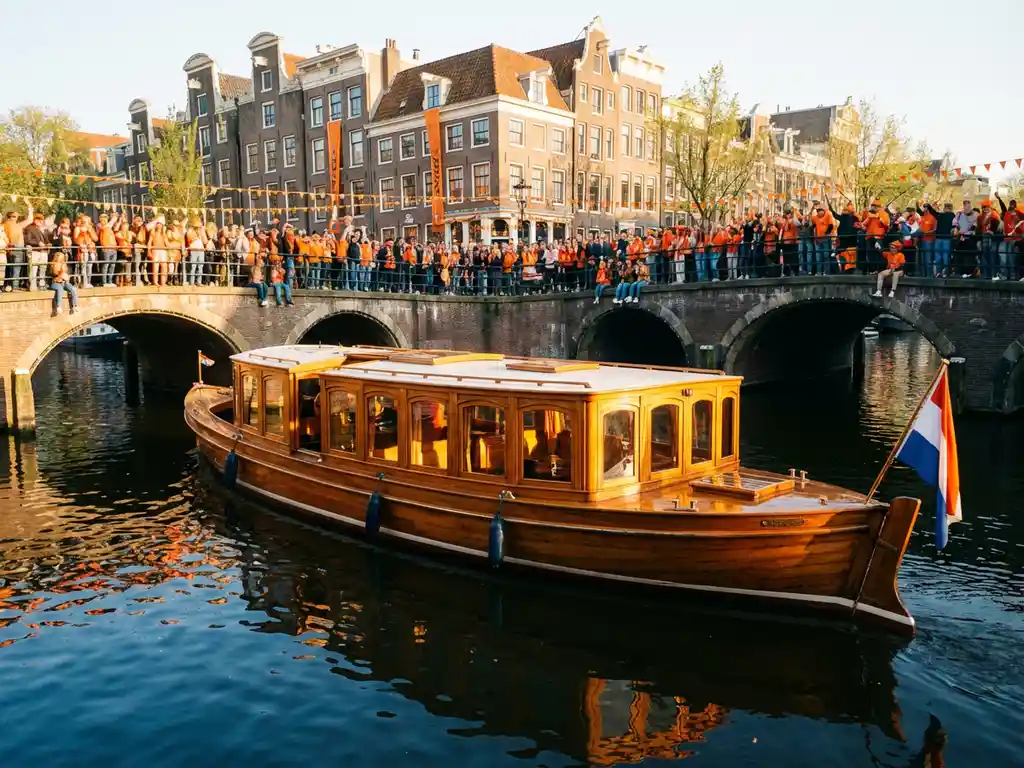 1910 Dutch salon tjalk with polished iroko hull sailing Amsterdam canals during King's Day, orange-clad crowds lining historic gabled waterways.