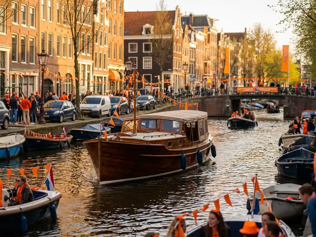 Dutch salon tjalk from 1910 sailing Amsterdam canals on King's Day, surrounded by orange flags, small boats, and historic gabled facades in golden afternoon light.