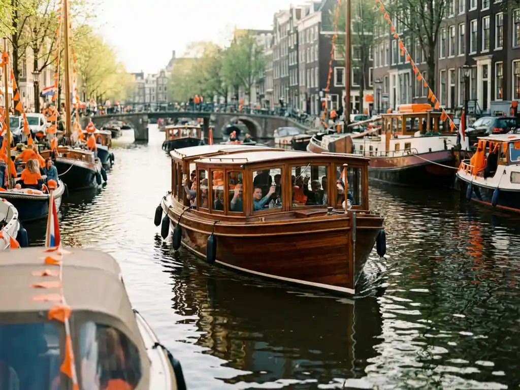 Classic 1910 Dutch salon tjalk with polished iroko hull cruising Amsterdam canals during King's Day, surrounded by orange-flagged boats and historic gabled facades.