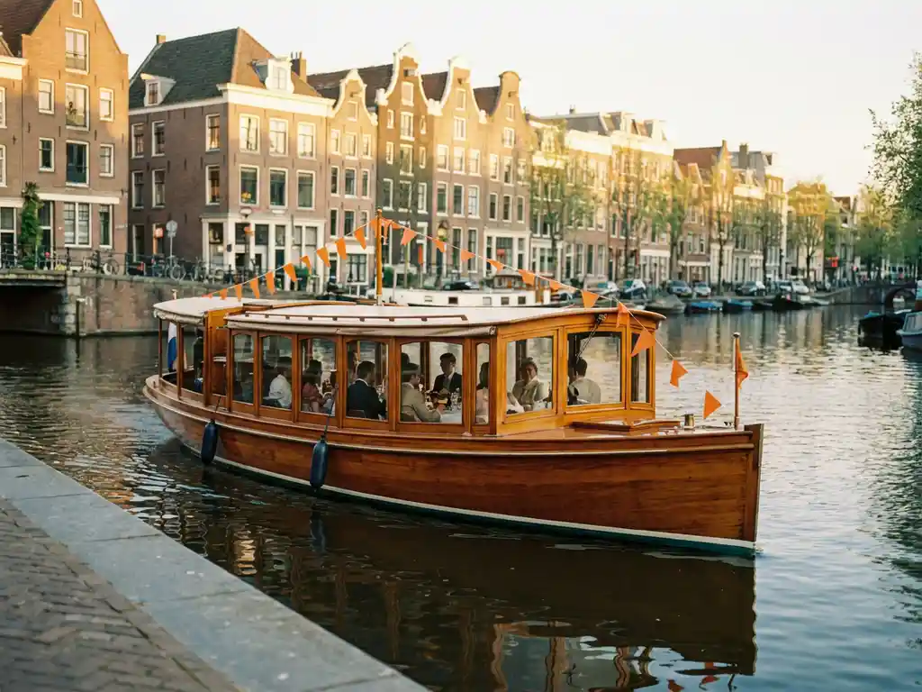 1910 Dutch salon tjalk sailing Amsterdam's canals on King's Day, polished iroko hull reflecting orange flags, golden-hour light on historic gabled houses.