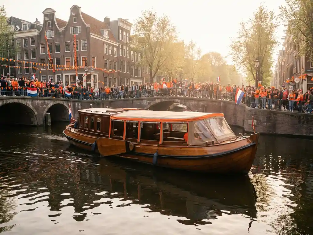 Classic Dutch salon tjalk with polished iroko hull sailing Amsterdam canals on King's Day, orange-clad crowds lining historic gabled waterways.