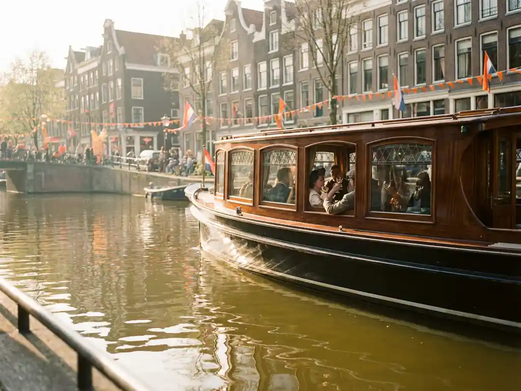 1910 Dutch salon tjalk with polished iroko hull sailing Amsterdam canals on King's Day, orange flags and gabled houses reflected in calm water.