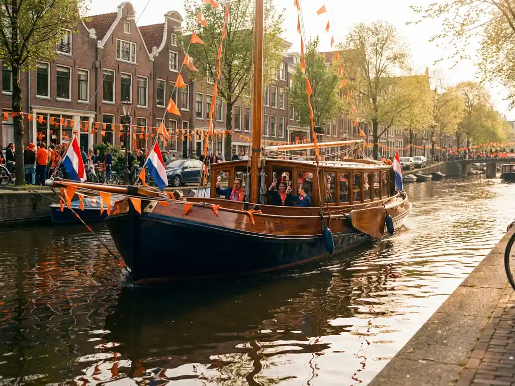 Dutch salon tjalk from 1910 sailing Amsterdam canals on King's Day, polished iroko hull reflecting water, orange decorations and Dutch flags at bow.