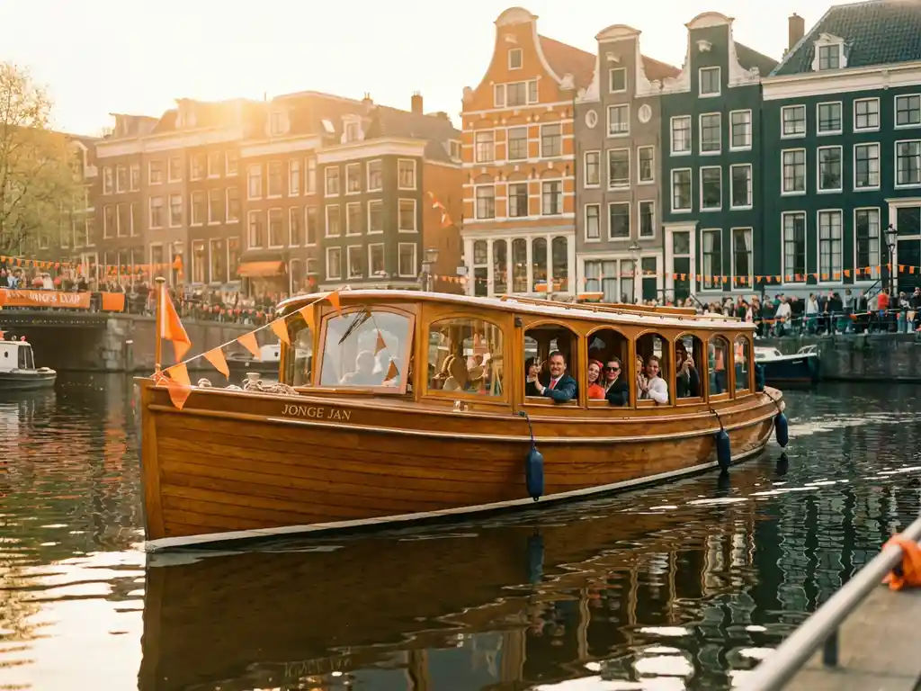 Dutch salon tjalk from 1910 sailing Amsterdam canals on King's Day, polished iroko hull gleaming, orange bow decorations, historic gabled facades reflecting in water.