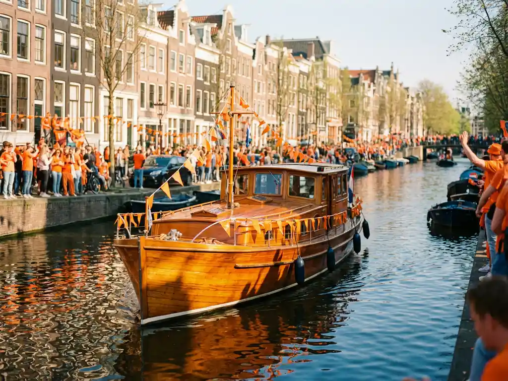 Dutch salon tjalk from 1910 sailing Amsterdam canals on King's Day, polished iroko hull reflecting orange flags, historic gabled houses lining festive waterway.
