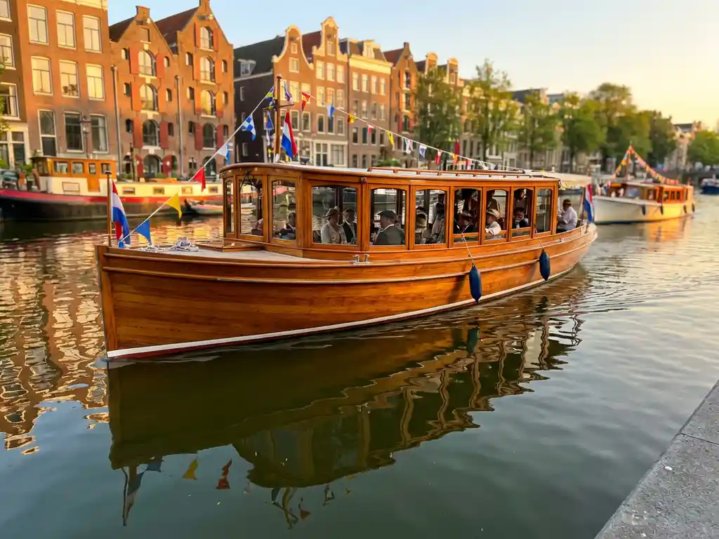 1910 Dutch salon tjalk with polished iroko wood hull gliding through an Amsterdam canal during Canal Parade, golden hour light.