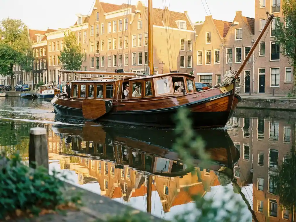 1910 Dutch salon tjalk with polished iroko wood hull cruising an Amsterdam canal, amber-brick gabled houses reflected in calm water at golden hour.