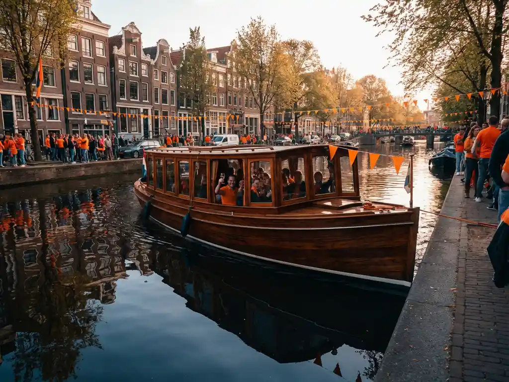 Classic 1910 Dutch salon tjalk with polished iroko hull cruising Amsterdam's canals during King's Day, orange bunting overhead, gabled facades reflected in calm water.
