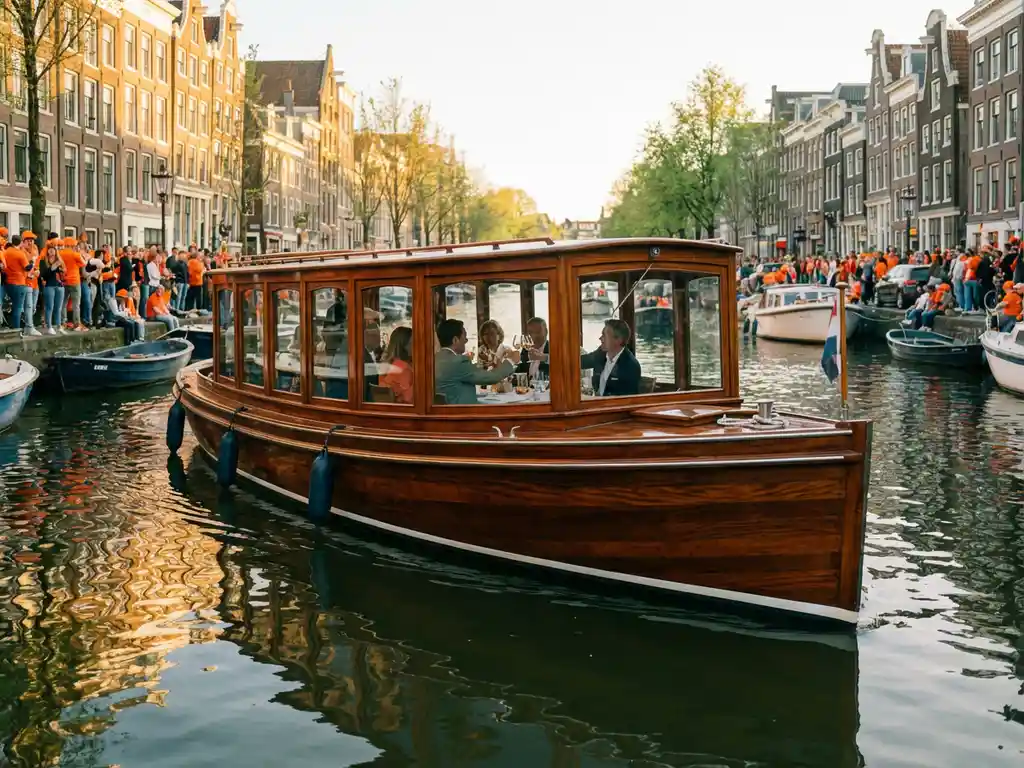Classic 1910 Dutch salon tjalk with polished iroko wood sailing Amsterdam canals during King's Day, guests dining aboard amid orange-clad crowds.