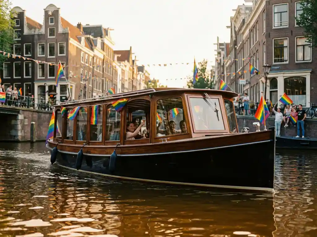 Dutch salon tjalk with polished iroko hull sailing Amsterdam's Pride canal, rainbow flags adorning historic gabled facades in warm golden hour light.