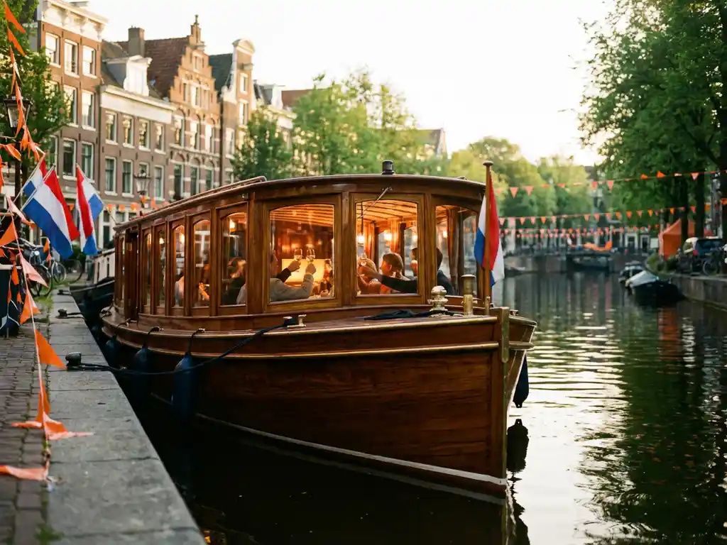 Classic Dutch salonboot with polished iroko wood moored on an Amsterdam canal during King's Day, orange flags on the quayside, historic gabled facades reflecting in calm water.