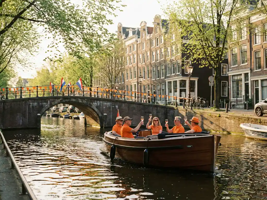 Electric sloop sailing Amsterdam canal on King's Day, friends toasting rosé under orange garlands and Dutch flags, historic gabled facades in warm golden light.