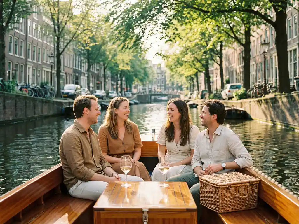 Friends laughing on an electric sloop in an Amsterdam canal, wine and picnic basket on bow, Dutch gabled buildings and dappled afternoon light reflected on water.