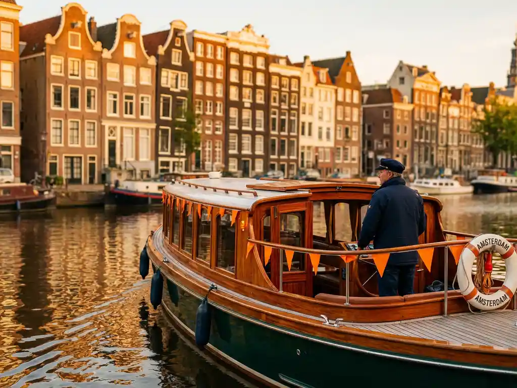 Dutch salon boat with orange King's Day flags cruising Amsterdam canals, skipper at helm, life ring on iroko wood railing, historic gabled houses reflecting in calm water.