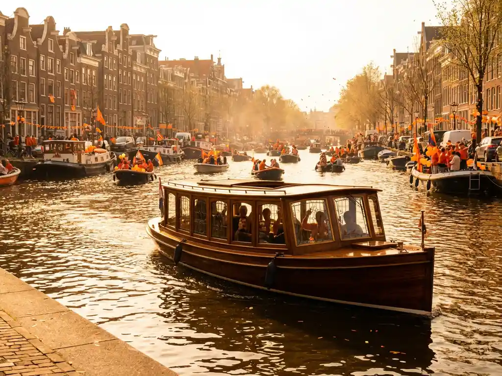 Classic Dutch salon tjalk with polished iroko wood gliding Amsterdam canals on King's Day, surrounded by orange-flagged boats and historic gabled facades.